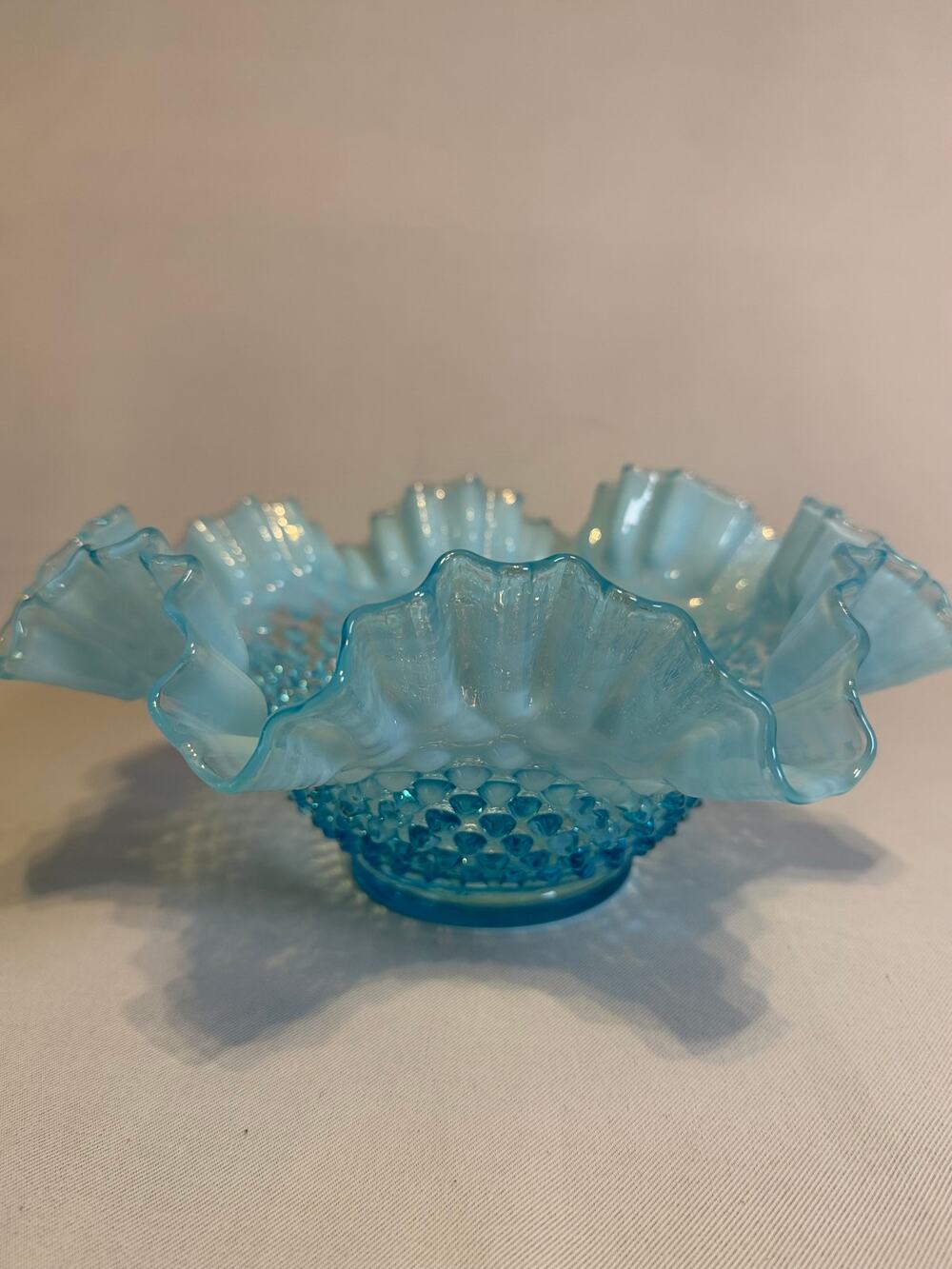 Vintage Fenton Blue Opalescent Hobnail Glass Ruffled Edge Bowl Candy Dish